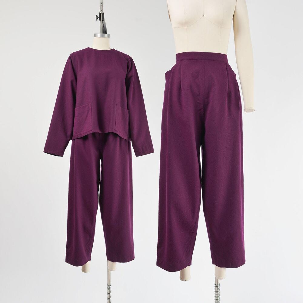 Vintage 80s Purple Wool Pant Set Two Piece Outfit Top & High Waist Pants M 8